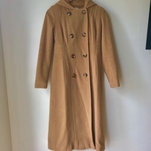 Long maxi double breasted hooded camel coat